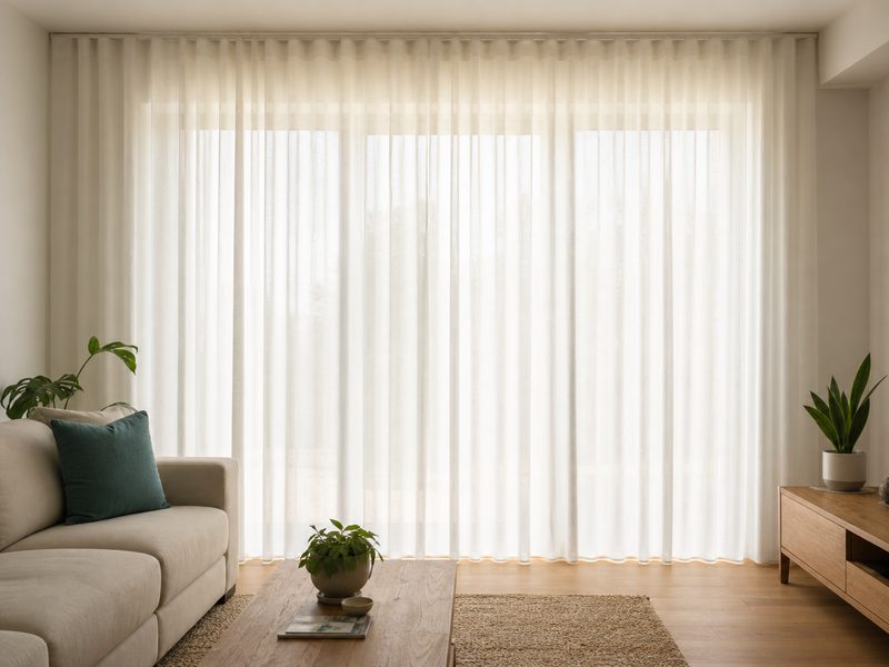 Floor-length S-fold sheer curtains drawn across a wide lounge room window