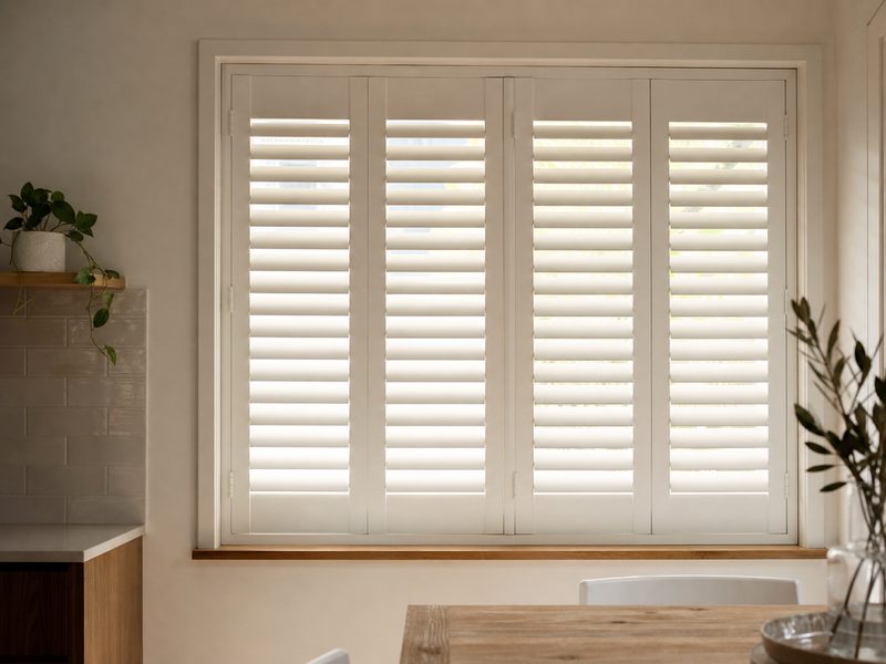 White plantation shutters fitted inside a window reveal