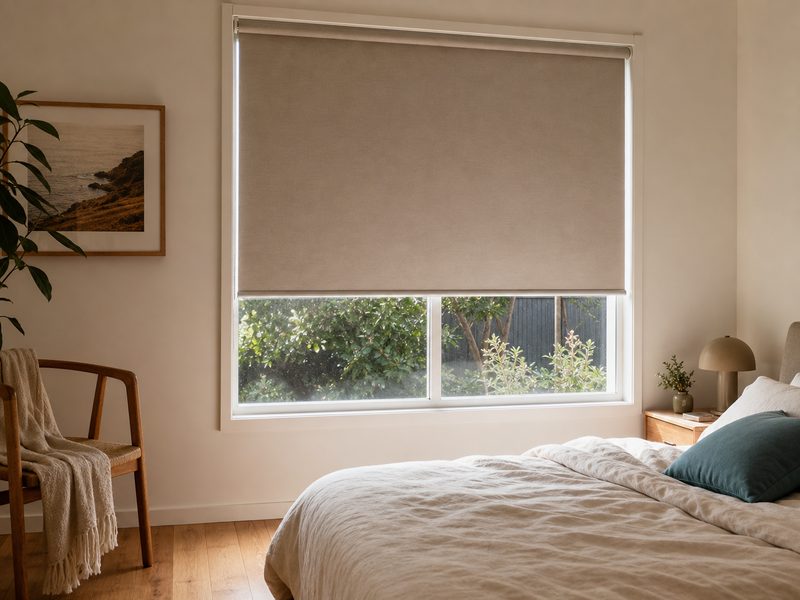 Blockout roller blind half drawn over a bedroom window