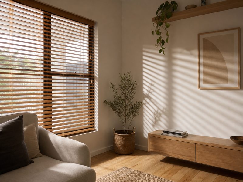 Timber venetian blind slats tilted part open