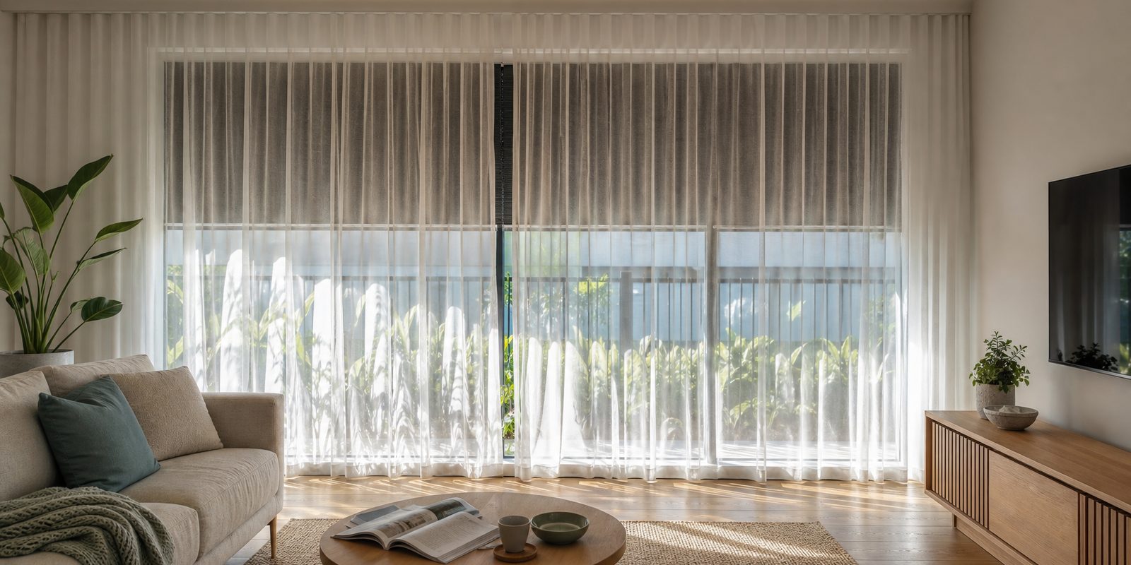 Wide living room with S-fold sheers and a roller blind behind