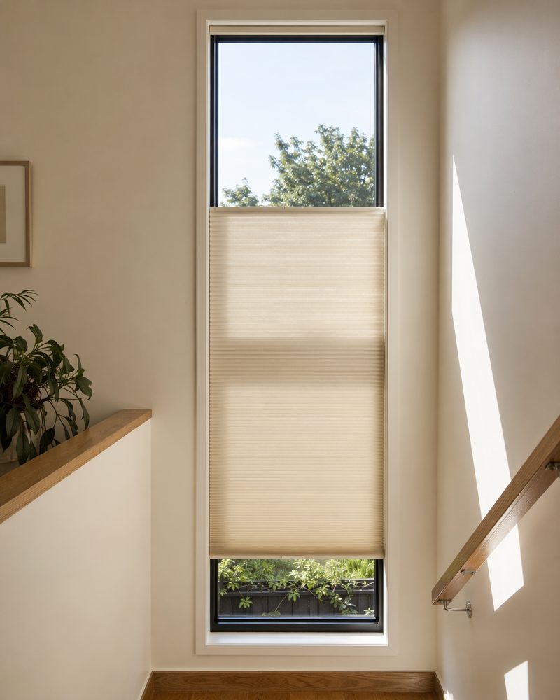 Tall stairwell window with a top-down bottom-up honeycomb blind