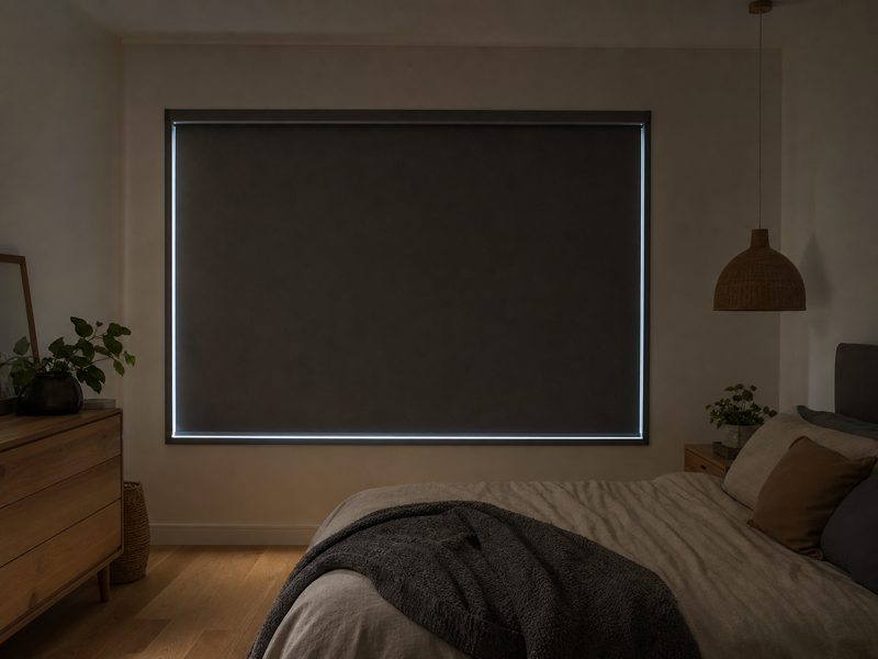 Bedroom with blockout roller blinds and side channels