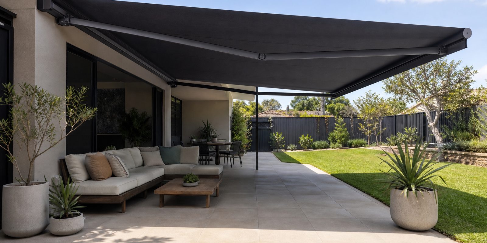 Back patio shaded by an extended folding arm awning